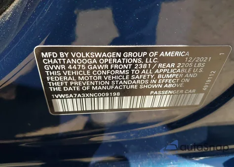 2022 Volkswagen Passat 2.0T Se z USA, uszkodzony, nr VIN 1VWSA7A3XNC009198